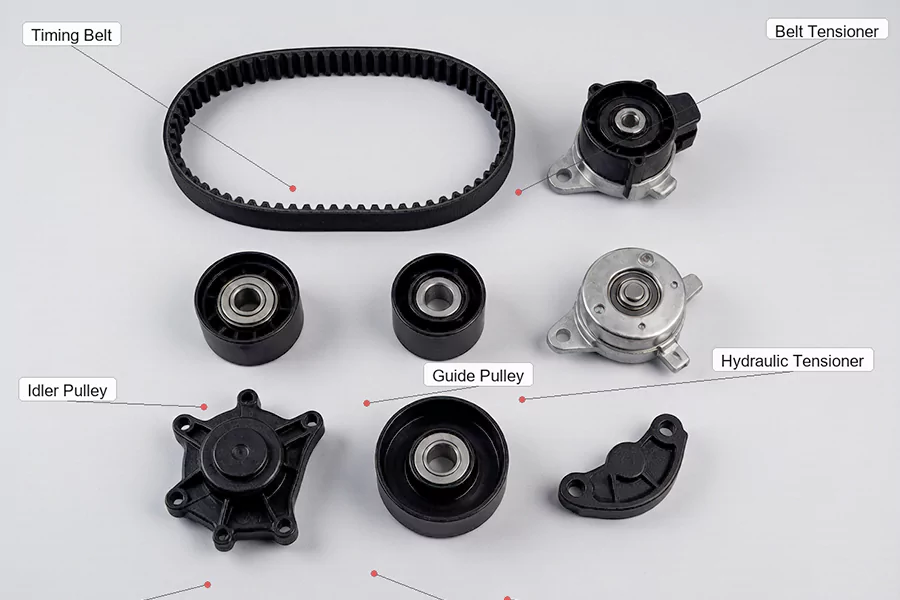 The picture shows the components included in the timing belt kit.