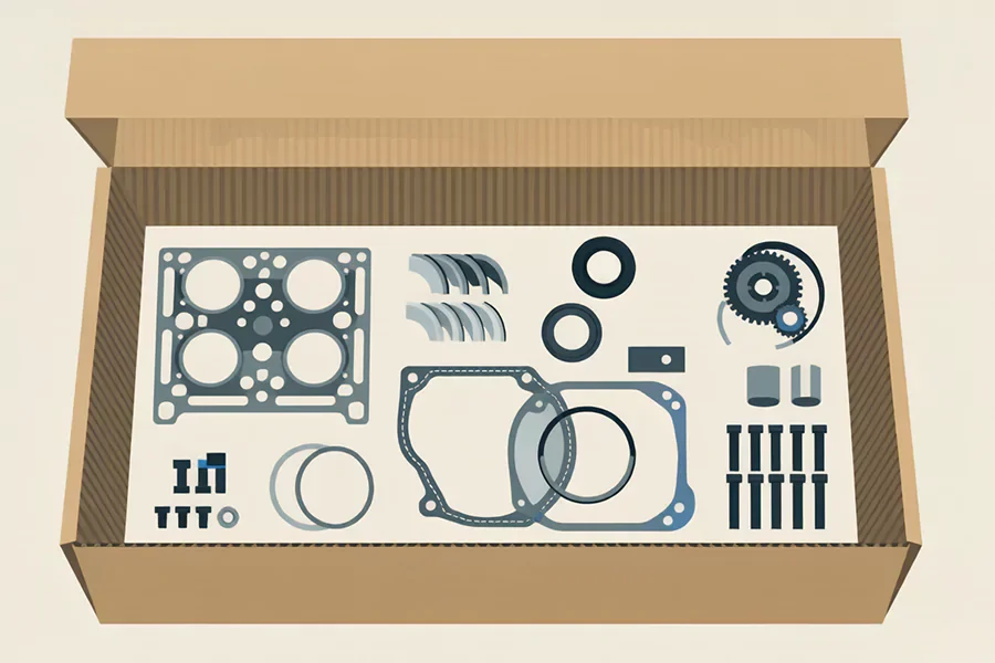 Engine repair kit components clean flat vector illustration for automotive engine maintenance