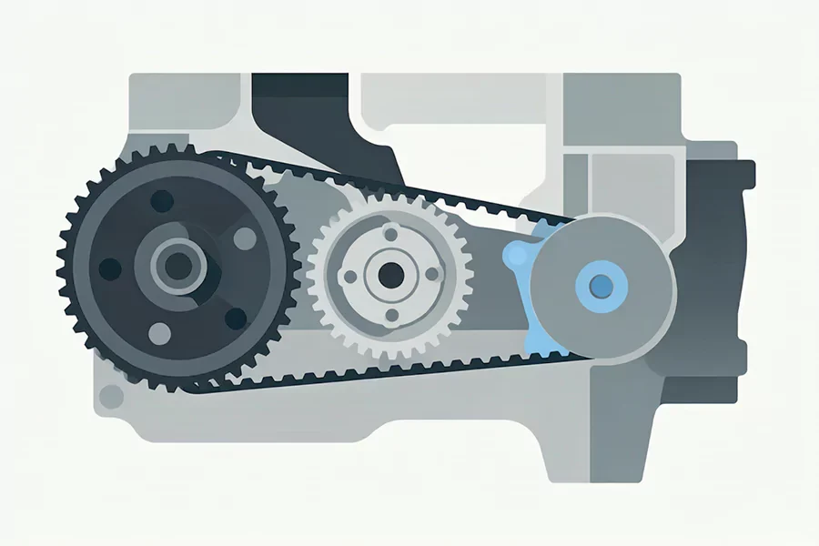 The schematic diagram illustrates the structural relationship of the belt driving the water pump.