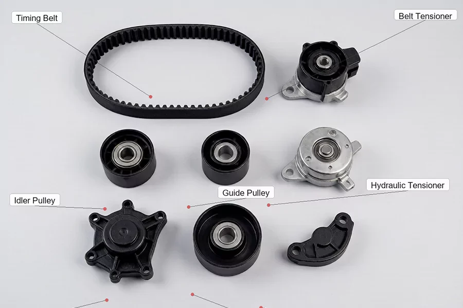 The picture shows the components included in the timing belt kit.